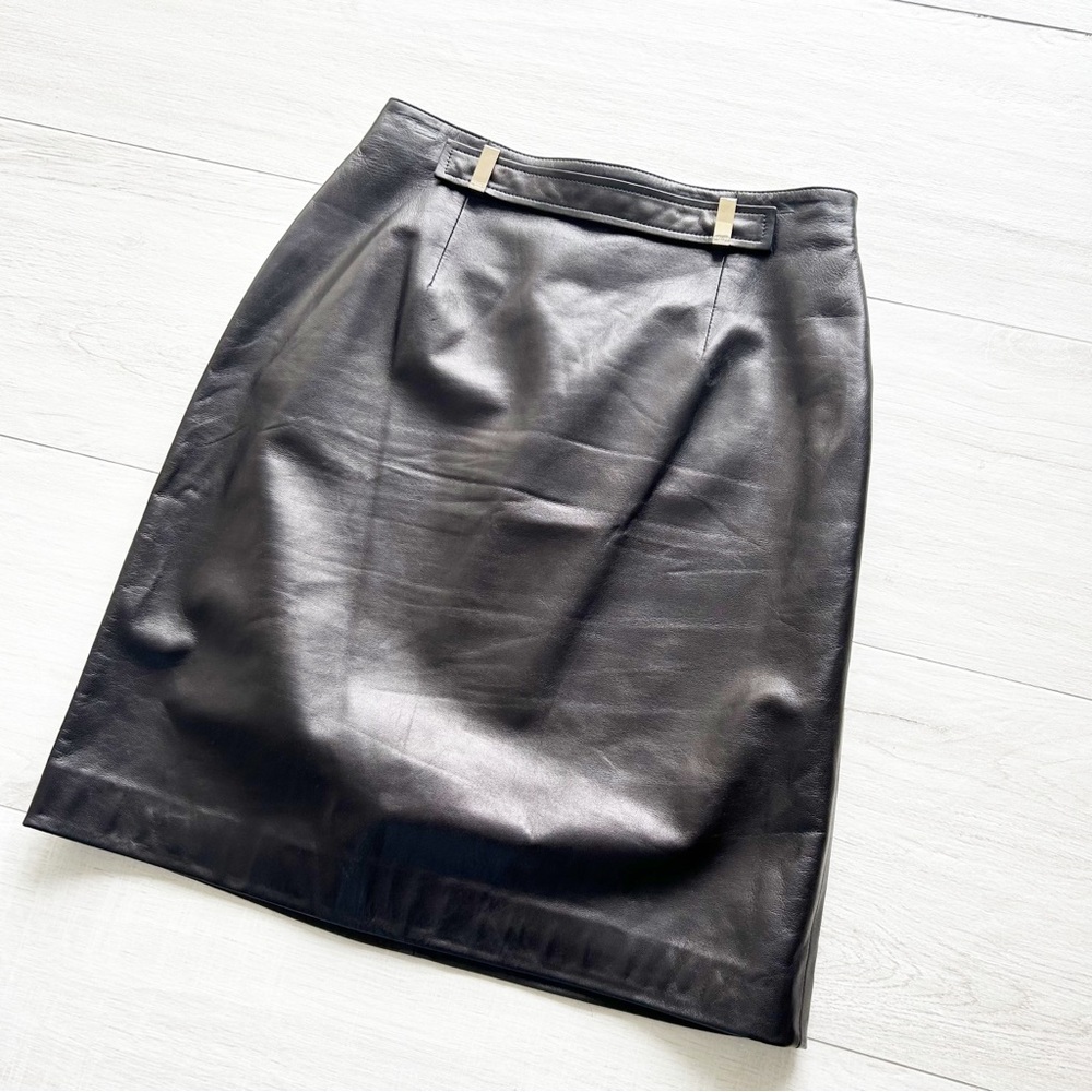 Vintage Celine 100% Lamb Skin Leather Black Pencil Skirt Size FR 38 / US Small - Picture 2 of 9